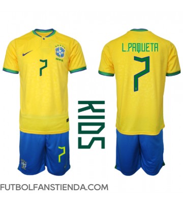 Brasil Lucas Paqueta #7 Primera Equipación Niños Mundial 2022 Manga Corta (+ Pantalones cortos)